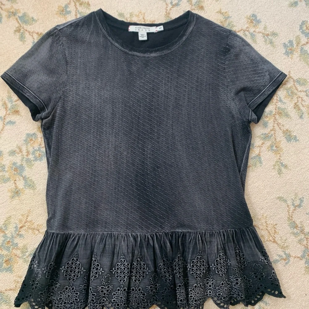ALICE +OLIVIA Washed Pointelle Ruffled T-Shirt - Picture 2 of 7